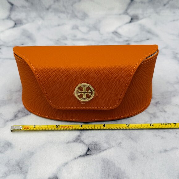 Tory Burch Sunglasses Case, Orange Leather Oval, Gold Logo, Cream Drawstring Bag main image 4